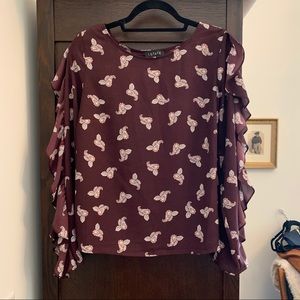 Burgundy Ruffle Sleeve Patterned Blouse